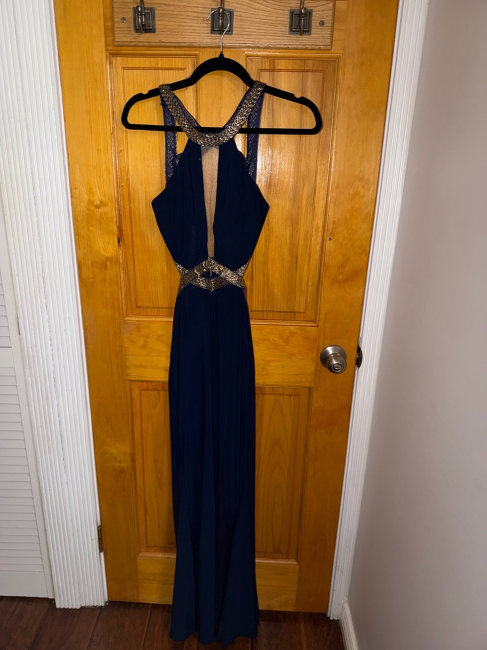 Navy Beaded Halter Evening Gown